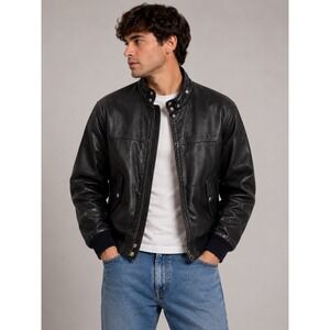 Vintage Saddlery Mens Black Leather Bomber Jacket Size 42 Zip Up |R